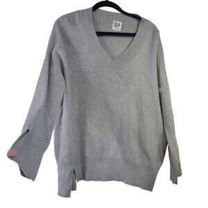 Planet by Lauren G Pima Cotton and Modal Boxy Gray V Neckline Cut Out Sweater OS